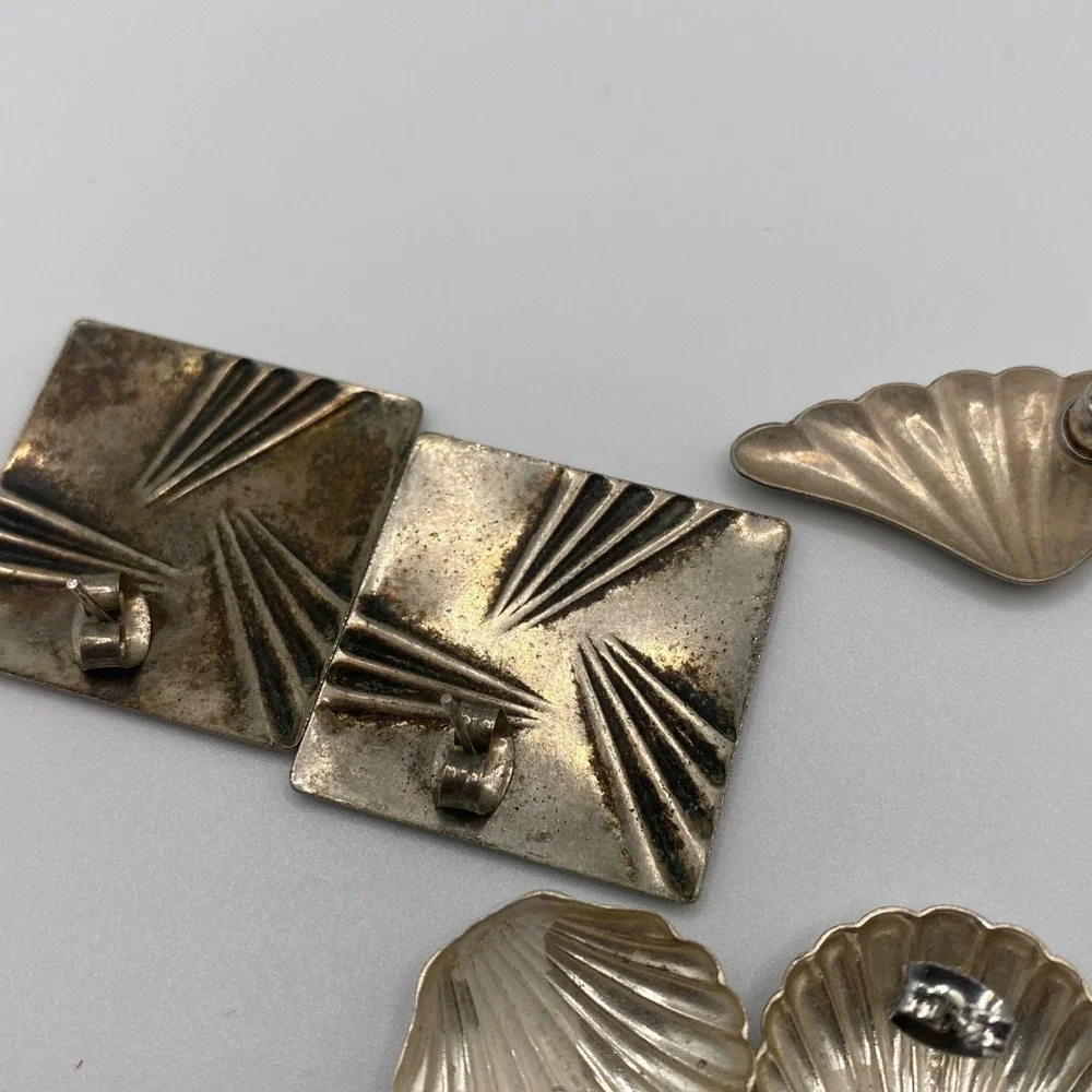 Vintage Silver Tone Earring Lot 3 Pairs Pierced Studs Shell Fan Art Deco Square‎